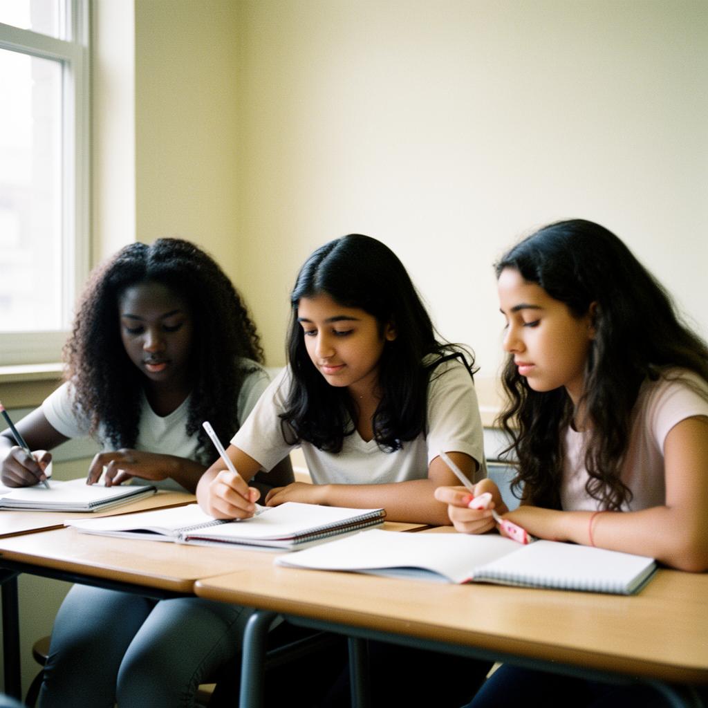 Teenage girls of different backgrounds studying together in natural light