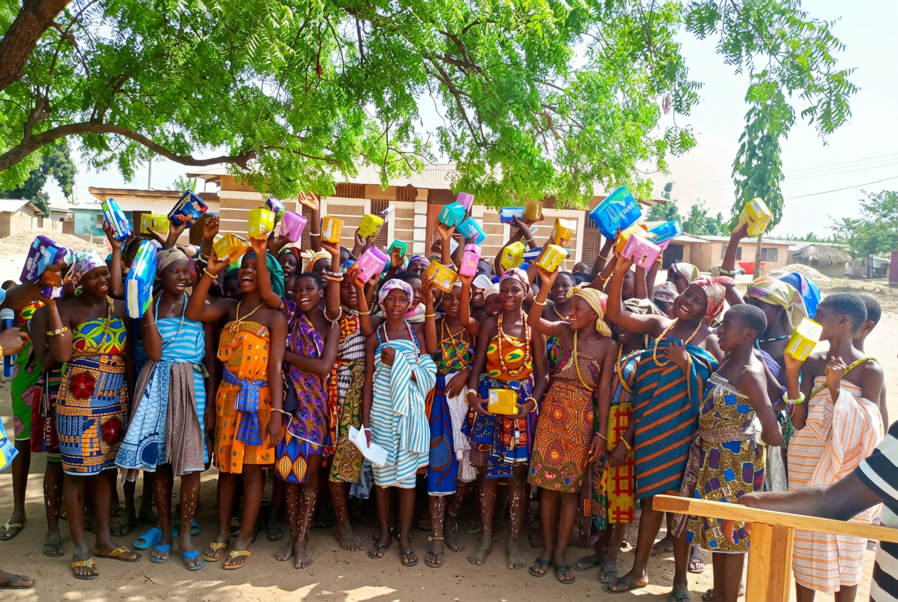 Girls celebrating with donated products