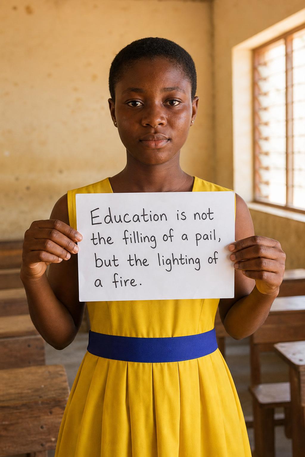 A young Ghanaian girl in a bright yellow dress holding a handwritten OAM Project sign
